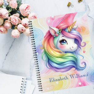 Cuaderno Nombre personalizado de unicornio arcoiris de chic