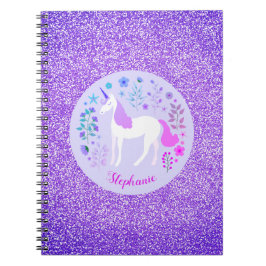 Cuaderno Nombre personalizado de unicornio morado Purpurina