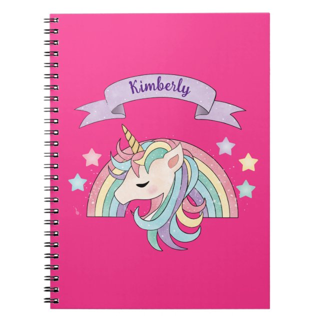 Cuaderno Nombre personalizado de Unicornio y Sparkly Rainbo (Frente)