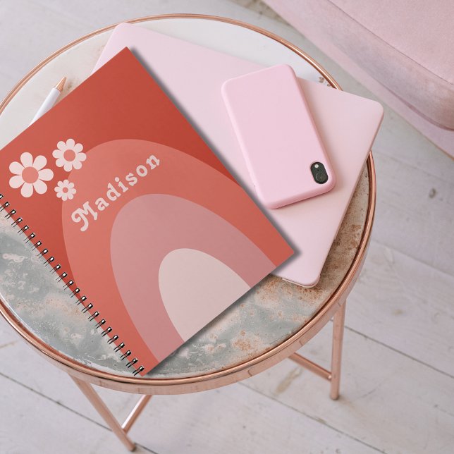 Cuaderno Nombre personalizado del arco floral retro (Groovy daisy arch orange custom name notebook )