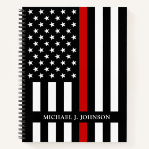Cuaderno Nombre personalizado del bombero línea roja delgad