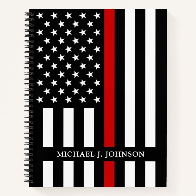 Cuaderno Nombre personalizado del bombero línea roja delgad (Anverso)