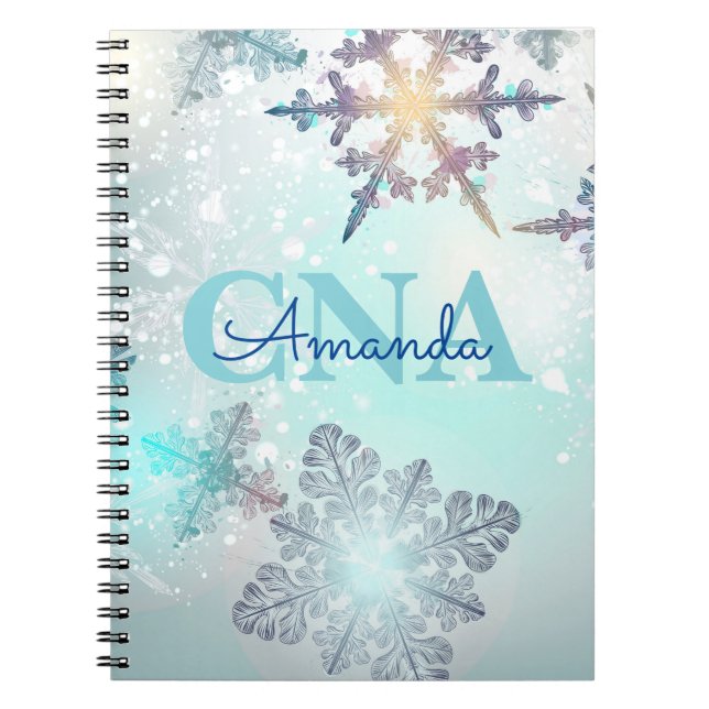 Cuaderno Nombre personalizado del copo de nieve azul de hie (Frente)
