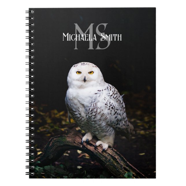 Cuaderno Nombre personalizado del monograma de búho de niev (Frente)