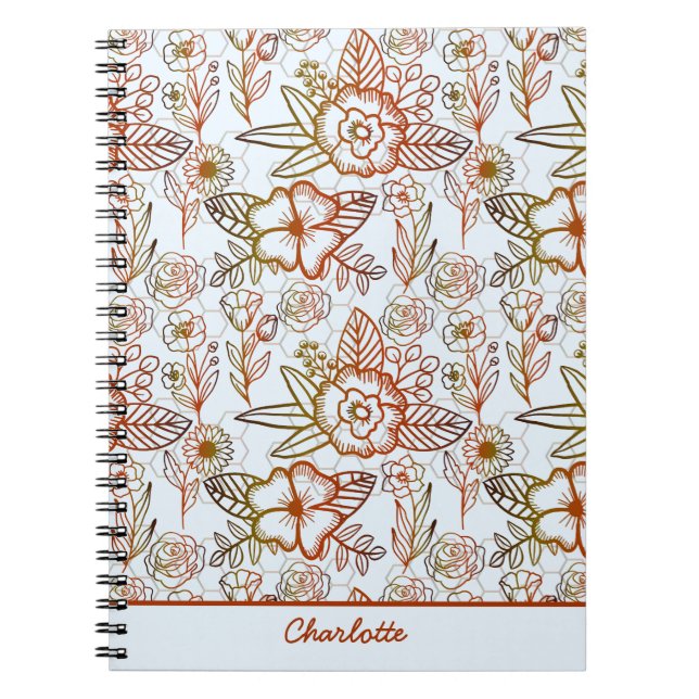 Cuaderno Nombre personalizado del naranja de patrones flora (Frente)