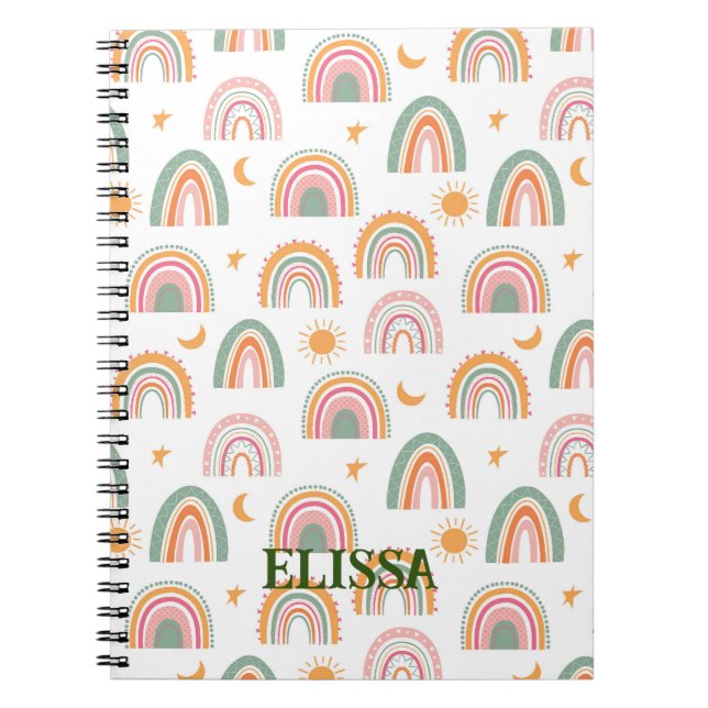 Cuaderno Nombre personalizado del patrón arcoiris del Boho (Frente)