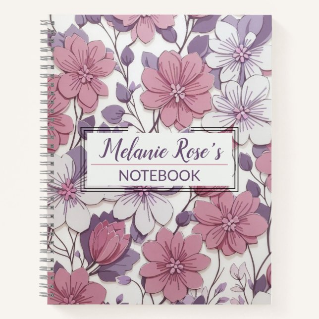 Cuaderno Nombre personalizado del patrón floral de monogram (Anverso)