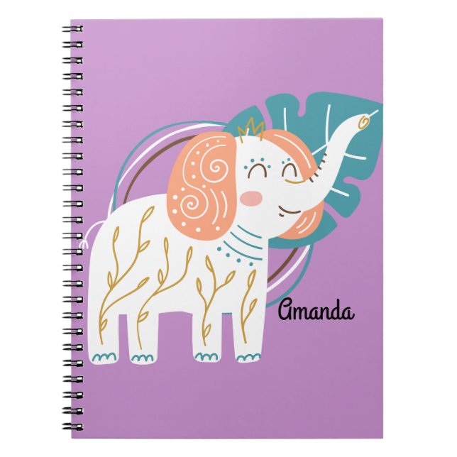 Cuaderno Nombre personalizado del pequeño elefante Boho (Frente)