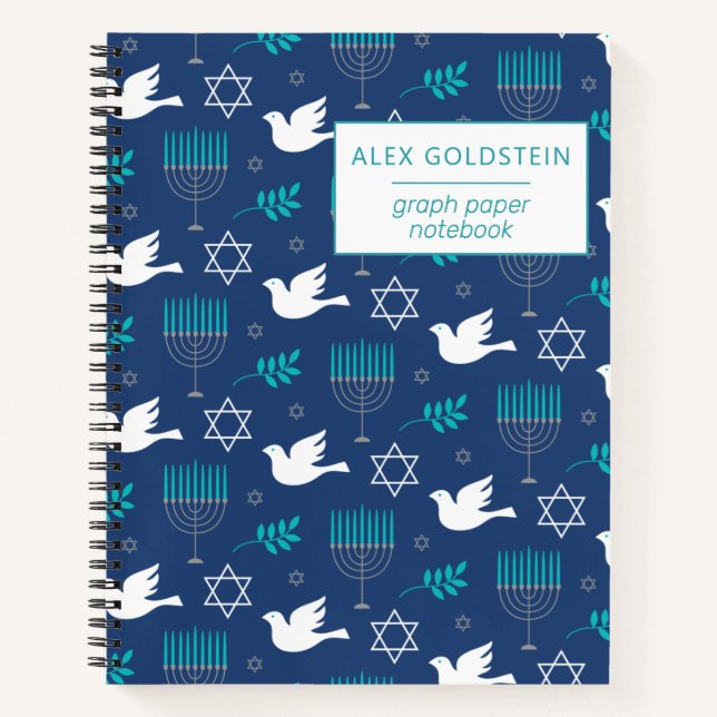 Cuaderno Nombre personalizado Dove Blue Menorah Hanukkah (Anverso)