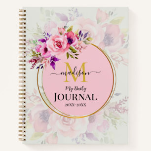 Cuaderno Nombre personalizado e inicial floral acuarela ros