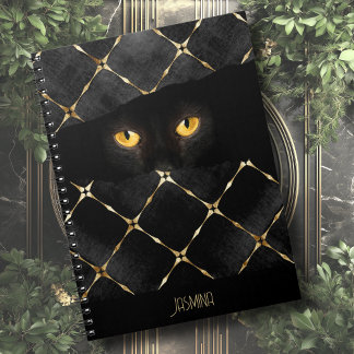 Cuaderno Nombre personalizado Elegante gato negro ojos en l