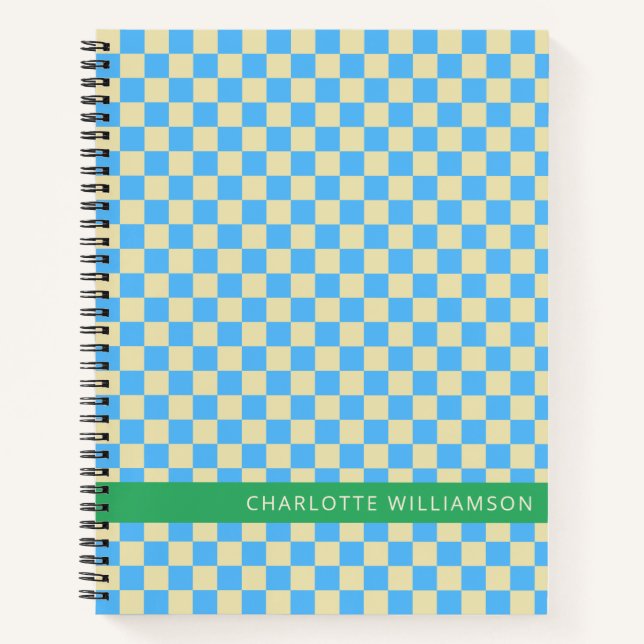 Cuaderno Nombre personalizado Escuela Retro Checkerboard Bl (Anverso)