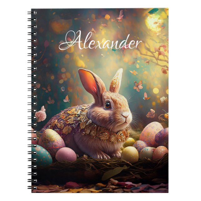 Cuaderno Nombre personalizado Feliz conejo de Pascua con hu (Frente)