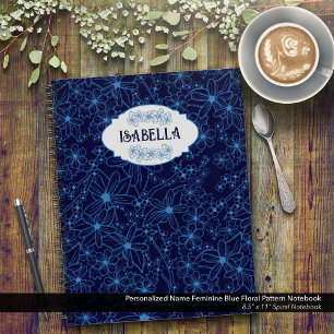 Cuaderno Nombre Personalizado Femenino Patrón Floral Azul