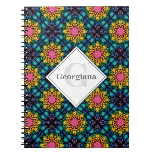 Cuaderno Nombre personalizado Floral arcoiris Fuente de col (Frente)