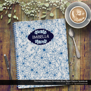 Cuaderno Nombre Personalizado Floral Azul Femenino