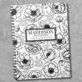 Cuaderno Nombre Personalizado Floral Blanco Negro con Estil