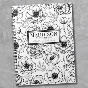 Cuaderno Nombre Personalizado Floral Blanco Negro con Estil
