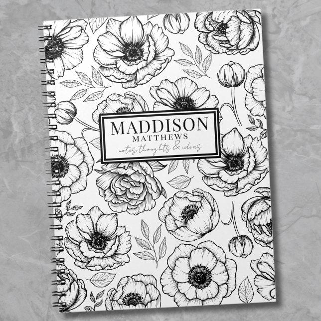 Cuaderno Nombre Personalizado Floral Blanco Negro con Estil (Stylish Black White Personalized Name notebook)