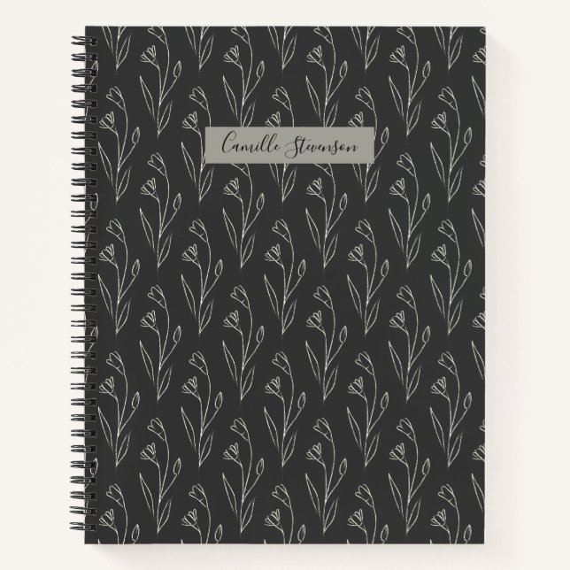Cuaderno Nombre Personalizado Floral Blanco Negro Elegante (Anverso)