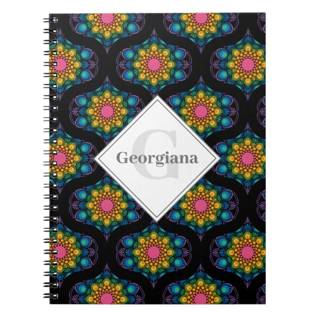 Cuaderno Nombre personalizado Fuente arcoíris floral Mid Mo (Frente)