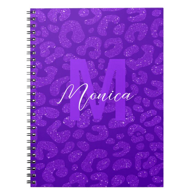 Cuaderno Nombre Personalizado Glitter Leopardo Morado Elega (Frente)
