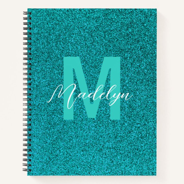 Cuaderno Nombre personalizado Glitter verde elegante (Anverso)