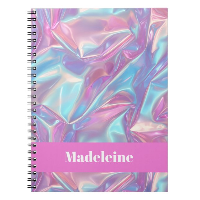 Cuaderno Nombre personalizado holográfico iridiscente rosa (Frente)