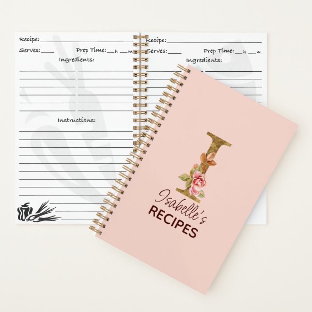Cuaderno Nombre personalizado letra I oro rosa blush rosas  (Interior)