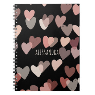 Cuaderno Nombre personalizado lindo corazones patrón negro 