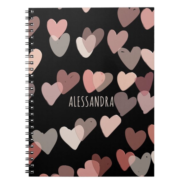Cuaderno Nombre personalizado lindo corazones patrón negro  (Frente)