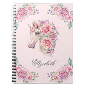 Cuaderno Nombre personalizado manta unicornio floral acuare