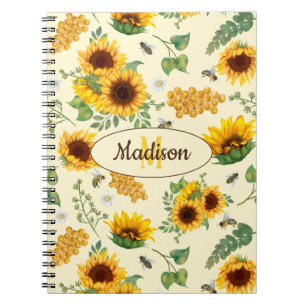 Cuaderno Nombre personalizado Monograma portátil girasoles 