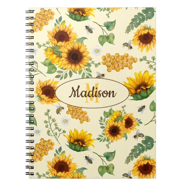 Cuaderno Nombre personalizado Monograma portátil girasoles  (Frente)