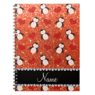 Cuaderno Nombre personalizado naranja purpurina pingüinos c