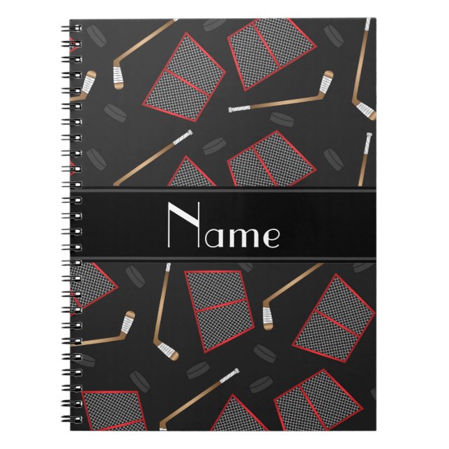Cuaderno Nombre personalizado: palos de hockey negro, redes (Frente)
