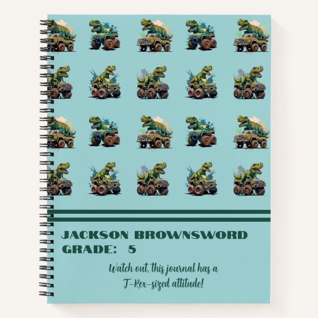 Cuaderno Nombre personalizado Patrón de dinosaurio T-Rex Ve (Anverso)