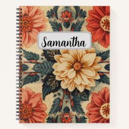 Cuaderno Nombre personalizado patrón floral vintage rojo