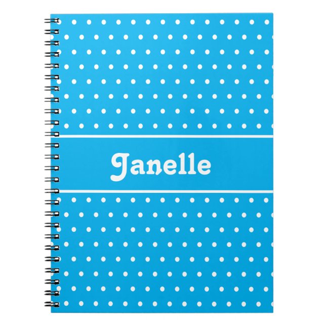 Cuaderno Nombre personalizado Polka Dot azul y blanco (Frente)