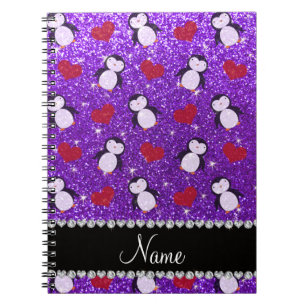 Cuaderno Nombre personalizado purpurina púrpura pingüinos c