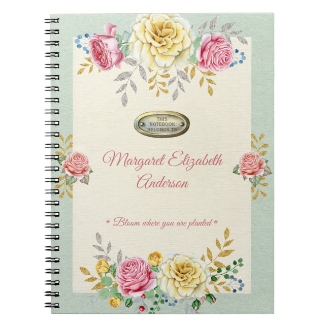 Cuaderno Nombre personalizado Rosa floral presupuesto de or (Frente)