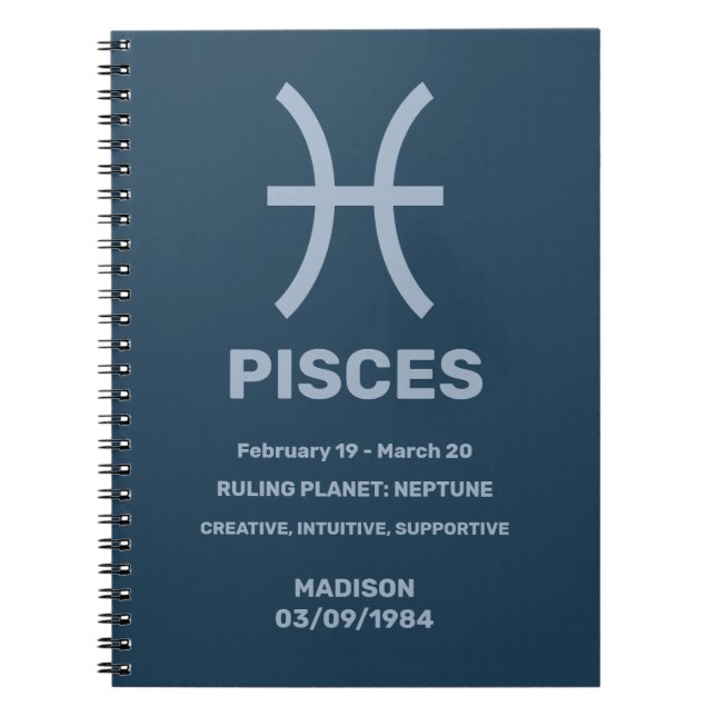 Cuaderno Nombre personalizado / Rótulo de texto Zodiaco Pis (Frente)