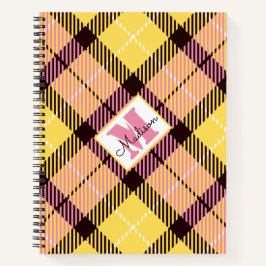 Cuaderno Nombre personalizado Tartán amarillo rosado modern