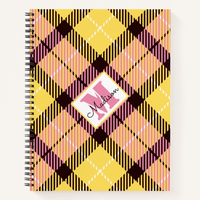 Cuaderno Nombre personalizado Tartán amarillo rosado modern (Anverso)