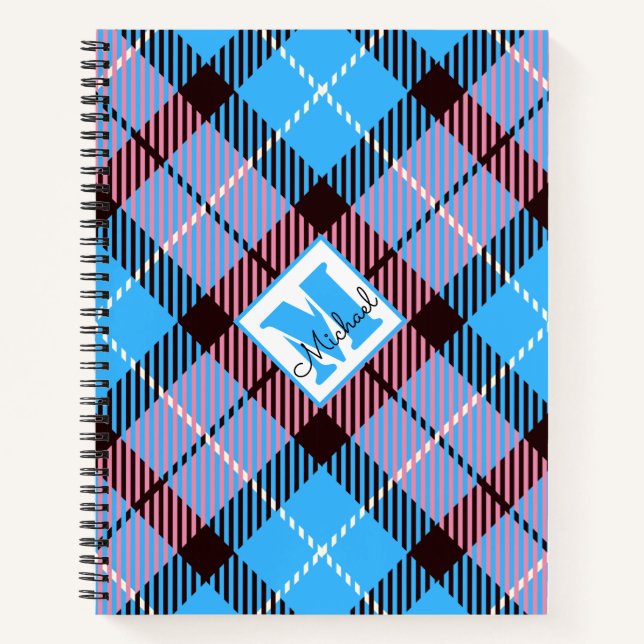 Cuaderno Nombre personalizado Tartán rosa azul moderno (Anverso)