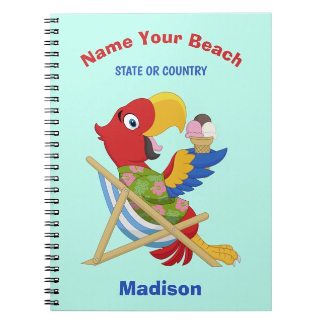 Cuaderno Nombre personalizado, texto y color de Beach Macaw (Frente)