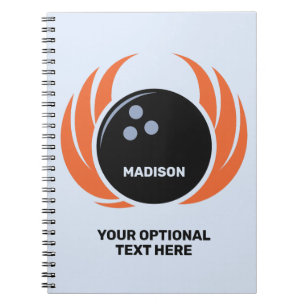 Cuaderno Nombre personalizado y bola de bolos de texto con