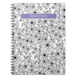 Cuaderno Nombre púrpura del patrón blanco floral dibujado a
