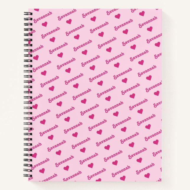Cuaderno Nombre repetitivo y corazón Girly rosado (Anverso)