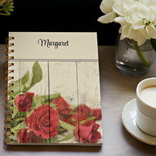 Cuaderno Nombre, rosas rojas pintadas en espiral de madera 